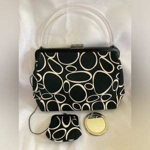 Angela Adams Geometric Circle Purse with clear handle, coin purse, & mirror. EUC